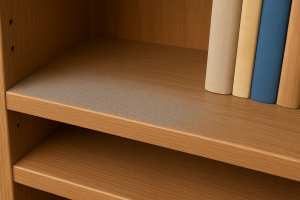 Dust build-up on a bookshelf Dust on forgotten table corner.